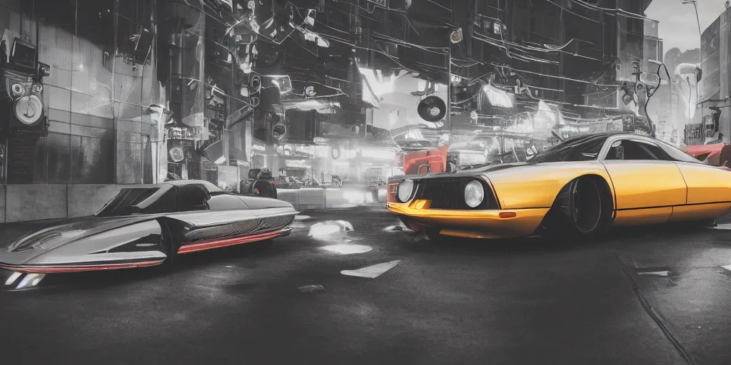 Prompt: a vintage modern retro cyberpunk car design, car design, vehicle, car photography, 4 k