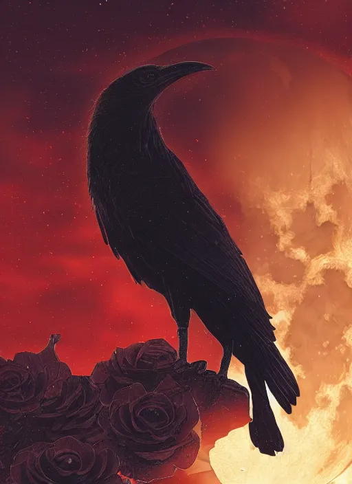 Prompt: Big glowing moon is very important, red and golden color details, portrait, A crow with red eyes in front of the full big moon, book cover, red roses, red white black colors, establishing shot, extremly high detail, foto realistic, cinematic lighting, by Yoshitaka Amano, Ruan Jia, Kentaro Miura, Artgerm, post processed, concept art, artstation, raphael lacoste, alex ross, portrait, A crow with red eyes in front of the full big moon, book cover, red roses, red white black colors, establishing shot, extremly high detail, photo-realistic, cinematic lighting, by Yoshitaka Amano, Ruan Jia, Kentaro Miura, Artgerm, post processed, concept art, artstation, raphael lacoste, alex ross