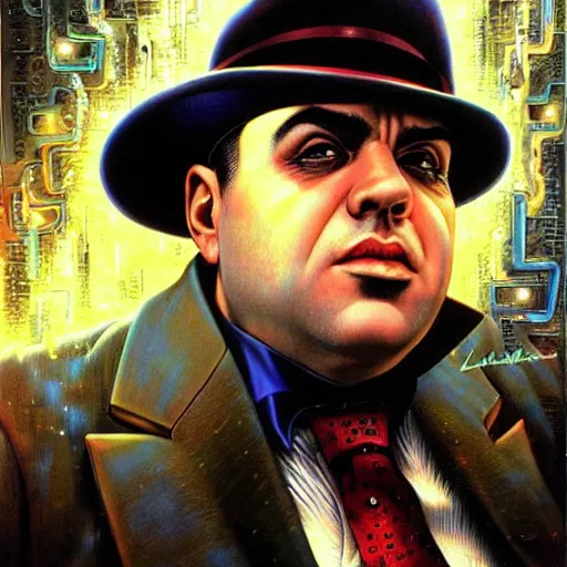 Prompt: uhd hyperrealistic photorealistic detailed image of al capone with sparking, busted, broken cybernetic implants and an heroic expression by ayami kojima amano karol bak, greg hildebrandt and mark brooks