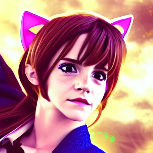 Image similar to 3 d photo of emma watson cosplaying as an anime catgirl, bokeh, shader, anime art style, highly detailed, cel - shaded, colorful, animated, trending