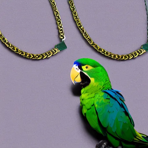 Image similar to a photo of a green parrot with a chain necklace around it's neck, the parrot is wearing the chain necklace around his neck, ultra high detail, 8 k.