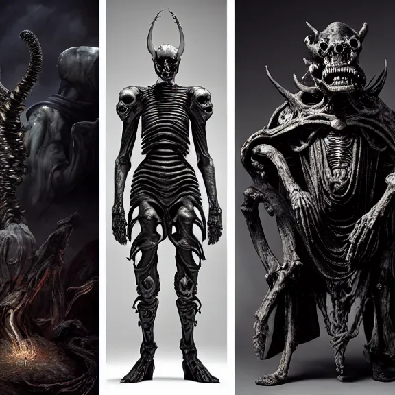 Prompt: still frame from Prometheus by Giger, bone lich God Dr doom by Wayne Barlowe by peter Mohrbacher, dressed by Alexander McQueen and by Neri Oxman, metal couture editorial