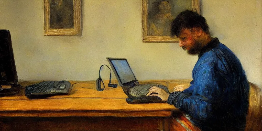 Prompt: an impressionist oil painting portrait of a male programmer. the programmer is typing on a modern computer. he is hard at work fixing regression bugs. the computer is well lit. in the style of rembrandt.