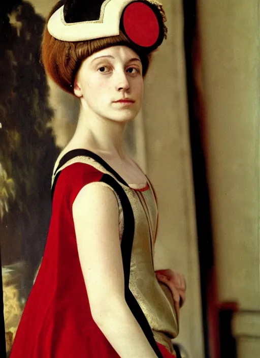 Image similar to portrait of young woman in renaissance dress and renaissance headdress, art by henri cartier - bresson