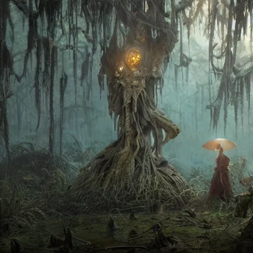 Image similar to rotten stem in the swamp at dusk, misty athmosphere, ultra realistic, concept art, intricate details, eerie, highly detailed, photorealistic, octane render, 8 k, unreal engine. art by ed binkley and ellen jewett and artgerm and greg rutkowski and alphonse mucha