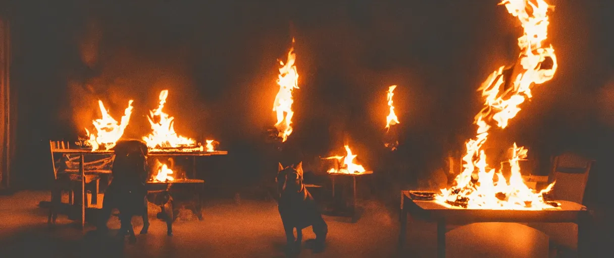 Prompt: a studio photograph (flash on) of a big fire on a dining room on fire, an human-like relaxed dog sitting on a wooden chair at a table (no fire at all there), lights on, ☕ on the table, surrounded by flames, a lot of flames behind the dog, black smoke instead of the ceiling, no watermark