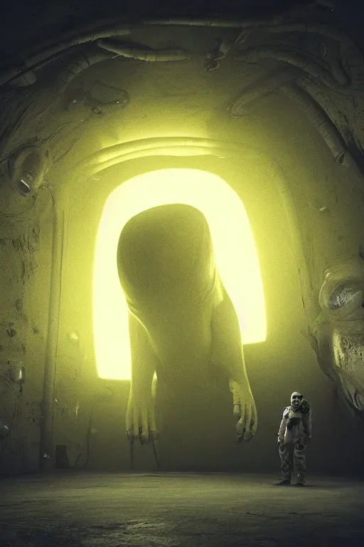 Image similar to Underground Lab, Huge monster alien, yellow, cinematic, 32k, cinematic lighting, octane