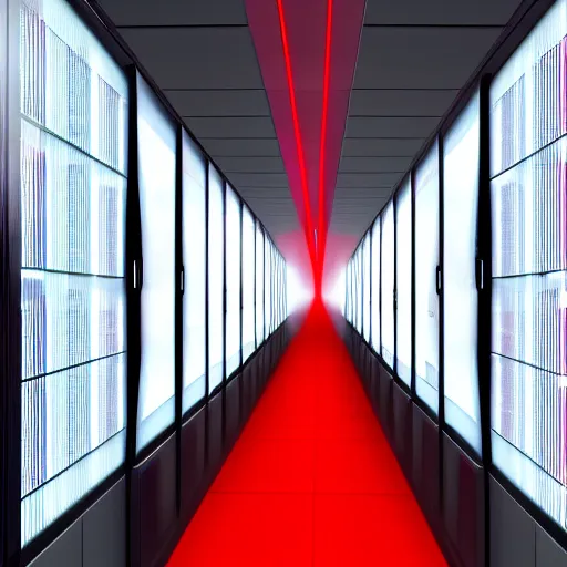 Image similar to evil server room, screen with ai face on it, dark, red lighting