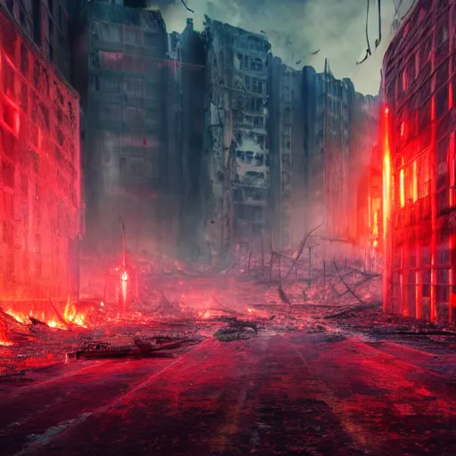 Image similar to the strenght of a horrifying fire in a destroyed dystopian city in neon red colors, very hyperrealistic picture, 4k