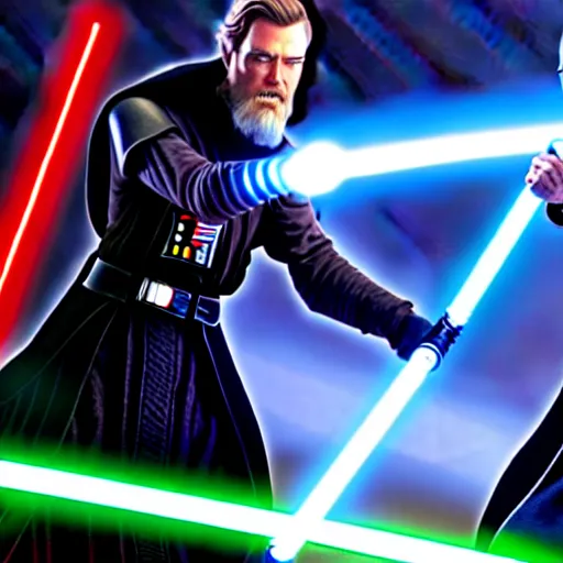 Image similar to ultra detailed picture of a fight between darth vador and obi wan kenobi where they each have only one lightsaber in their hand, unreal engine, extremely detailed, epic, dark, highly realistic, beautiful, ultra hd, extremely realistic faces