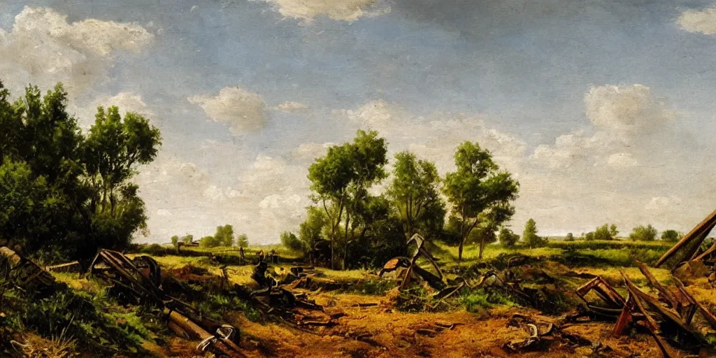 Image similar to landscape scene of an eastern front battlefield, summertime, distant destroyed smoking tank, sandbags, trenches, craters, romanticist oil painting