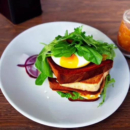 Image similar to sandwich with fried tofu, also tomato, onion, avocado and cheddar, over a dish and over a table, sunset background with saturn and stars in the sky, amazing light