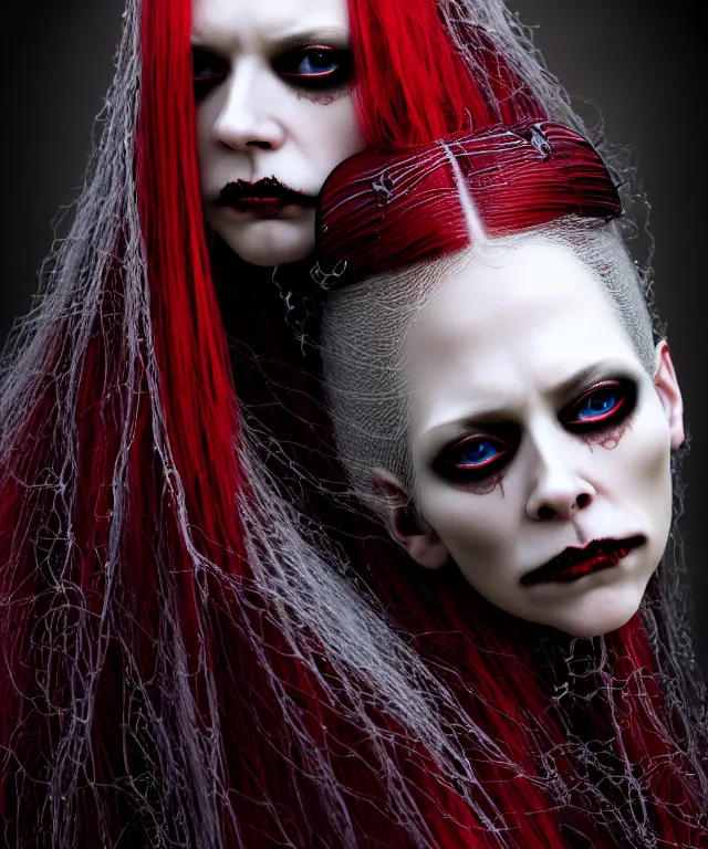 Prompt: highly detailed photo portrait of a beautiful female vampire, long braided silver hair, depressing hopeless horrific vibe, 150 mm lens, soft rim light, bold ornate crimson robes with silver lace trim, pronounced facial contouring, devious evil expression, pale skin, Alexander McQueen, high fashion, haute couture, rococo, anatomical, elegant, hyper realistic, octane render, unreal engine, art by Dora Maar and P. Craig Russell and Barry Windsor-Smith, hints of Dan Hillier and H. R. Giger, volumetric lighting, 8k, vibrant high contrast coloring, Art Nouveau, masterpiece, romanticism