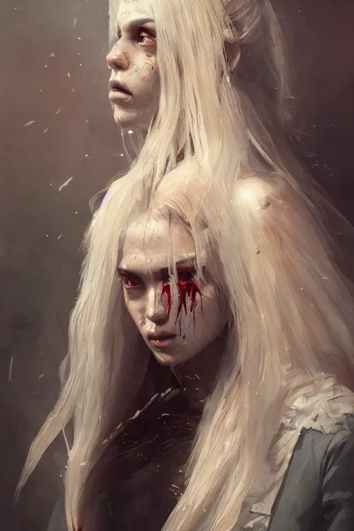 Image similar to a fancy portrait of a young ripped girl with long white hair by greg rutkowski, sung choi, mitchell mohrhauser, maciej kuciara, johnson ting, maxim verehin, peter konig, bloodborne, 8 k photorealistic, cinematic lighting, hd, high details, dramatic, dark atmosphere, trending on artstation