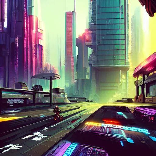 Prompt: A cyberpunk cityscape with flying cars, digital painting, 4k, Blender, by Ertugrul Oral, by Alyn Spiller, by Toni Infante, by Filip Hodas, by Yann Dalon.