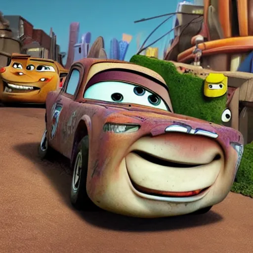 Image similar to mater from cars crashing into a building, rubble, disney pixars cars, mater, mater