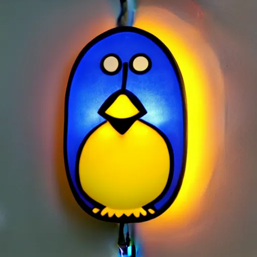 Prompt: Cartoon Blue Canary Night Light in the Outlet by the Light Switch Who Watches Over You