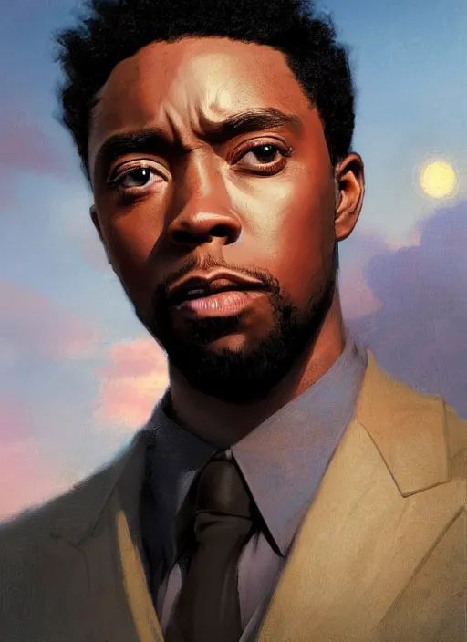 Prompt: A digital painting of a portrait of Chadwick Boseman alone on a rooftop during Golden Hour. masterpiece 4k digital illustration by Ruan Jia and Mandy Jurgens and Artgerm and greg rutkowski and Alexander Tsaruk and WLOP and william-adolphe bouguereau, marvel comics, dark, intricate, highly detailed, smooth, artstation, digital illustration by Ruan Jia and Mandy Jurgens and Artgerm and Wayne Barlowe and Greg Rutkowski and Frank Frazetta , award winning, Artstation, art nouveau aesthetic, Alphonse Mucha background, intricate details, realistic, panoramic view, Hyperdetailed, 8k resolution, intricate art nouveau