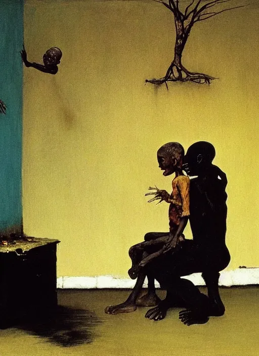 Image similar to two dark figures laughing and a black child inside a decayed contemporary living room with large tree in the style of Francis Bacon and Zdzislaw Beksinski, Edward Hopper and Norman Rockwell, highly detailed, very coherent, triadic color scheme