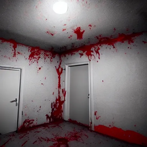 Prompt: one of the most scariest room there is one light on the ceiling and the floor is all blood the outside is night photo - realistic