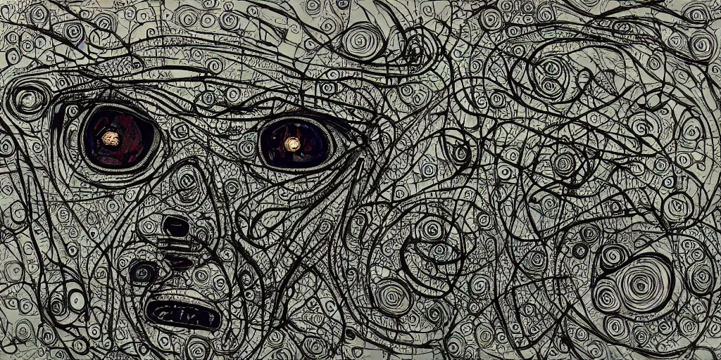 Image similar to camo of lines, technical, acrylic, teeth, eerie, tribal, clay, dots, lines, stipple, points, grid, cybernetic, old painting, swirly eyes, hypnosis