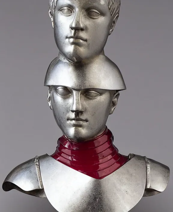 Prompt: a modern marble and ruby sculptural bust of a male knight, wearing silver armor, delicate, intricate, smooth, beautiful, by charles van der stappen