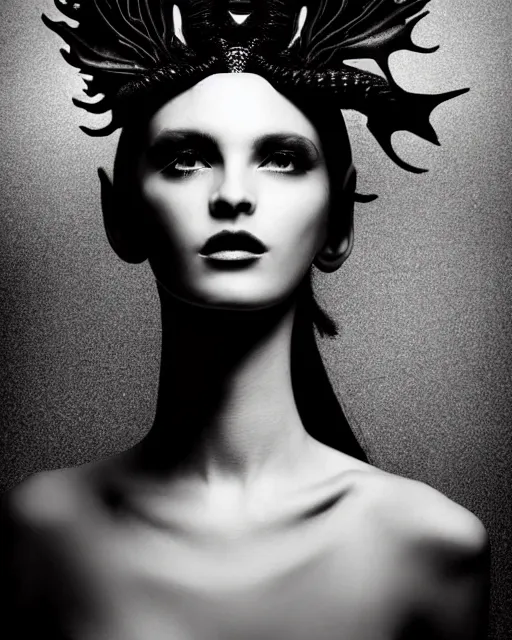 Image similar to dark background, a black and white high quality dreamy photo of a young beautiful female queen-dragon-vegetal-flower-cyborg bust with a very long neck, elegant, highly detailed, poetic, soft, dreamy, mysterious, high fashion, rim light, in the style of Ellen von Unwerth, Realistic, Refined, Digital Art, Highly Detailed, Cinematic Lighting, rim light, black and white, photo-realistic, 8K