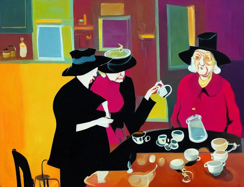 Prompt: a colorful dark night painting of a old and strange dusty professor in black suite and hat and a old woman making a study of drinking 1 0 cups of black coffee in 5 seconds in a kitchen that is melting, styled by francis bacon