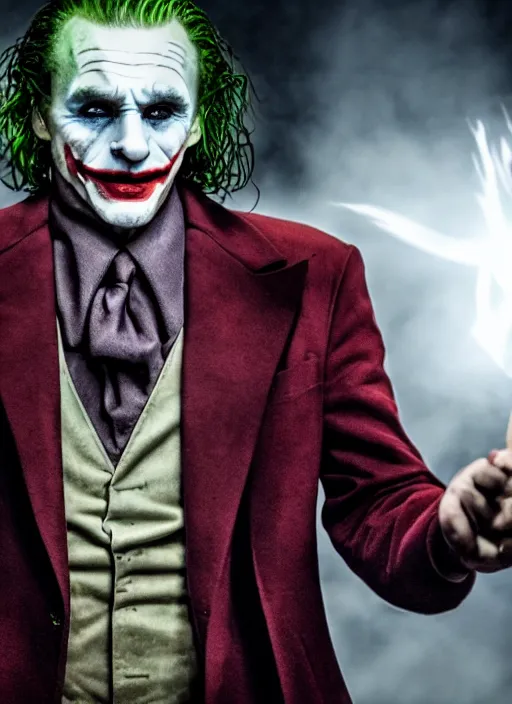 Image similar to Liam Neeson as the Joker, realistic, studio photography, 4k, cinematic lighting, explosion in the background