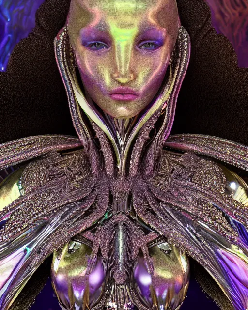 Image similar to a highly detailed metahuman 4 k close up render of an alien goddess bella hadid monument psychedelic in iris van herpen dress schiaparelli in diamonds crystals swarovski and jewelry iridescent in style of alphonse mucha gustav klimt trending on artstation made in unreal engine 4