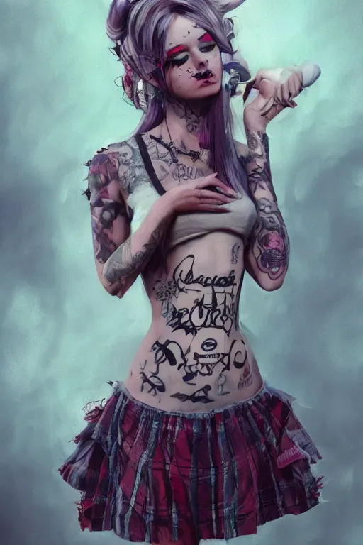 Image similar to Beautiful female, full body, Alice in wonderland, punk rock, piercings, tattoos, skirt, midriff, dramatic lighting, cinematic, establishing shot, extremely high detail, foto realistic, cinematic lighting, post processed, concept art, high details, cinematic, 8k resolution, beautiful detailed, photorealistic, digital painting, artstation, concept art, smooth, sharp focus, artstation trending, octane render, unreal engine