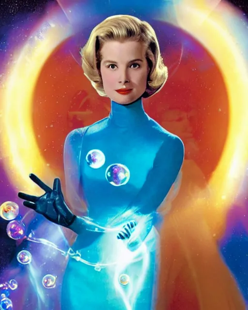 Image similar to drew struzan style movie color poster of grace kelly dressed as sue storm, the invisible woman from the fantastic four, with her hands held up, she is generating an iridescent bubble of particles around her body in the form of a shimmering bubble force field, soft focus, bokeh, 5 0 mm