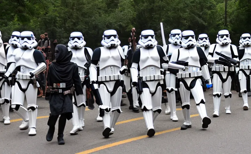 Image similar to liberty leading the people, jedi, ewoks, stormtroopers