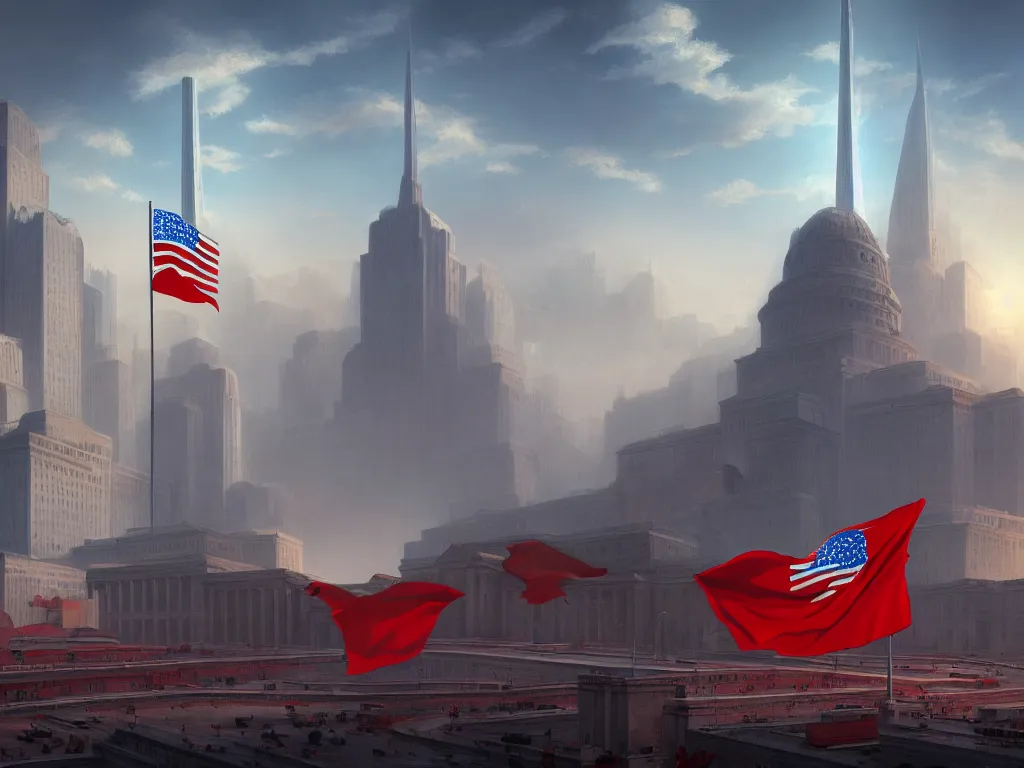 Image similar to landscape matte painting by fan wennan. communist american capitol megastructure shining in the sun after the triumph of socialism in america, communist american state flag, communist statue and emblem, digital painting, awe, bright future, hope, highly detailed, 4 k, artstation, photorealistic, architecture, america 2 0 9 8