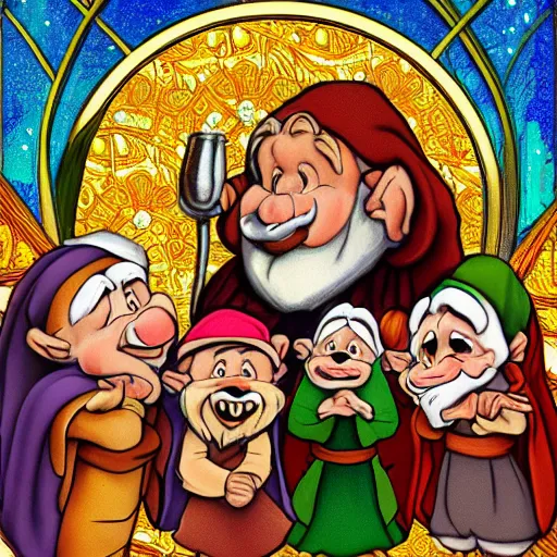 Image similar to seven dwarves in catholic religious garb with halos, background of poison apples, digital painting, glow art nouveau