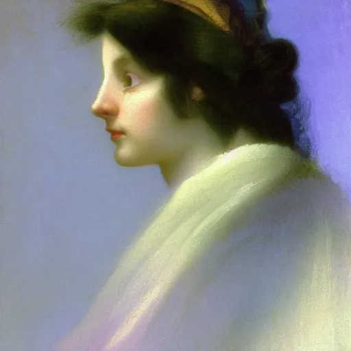 Image similar to a young woman's face, her hair is white and she wears a cobalt blue satin cloak, by ivan aivazovsky and syd mead and moebius and gaston bussiere and roger dean and pieter claesz and paul delaroche and alma tadema and aelbert cuyp and willem claesz, hyperrealistic, volumetric light, octane render