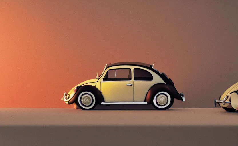 Image similar to a miniature of a VW Beetle on a bookshelf near a window at sunset, DOF, octane render, unreal engine 5, godrays, complementary colors, calm, symmetrical, highly detailed, high quality, 4k, beautiful, hyperrealistic