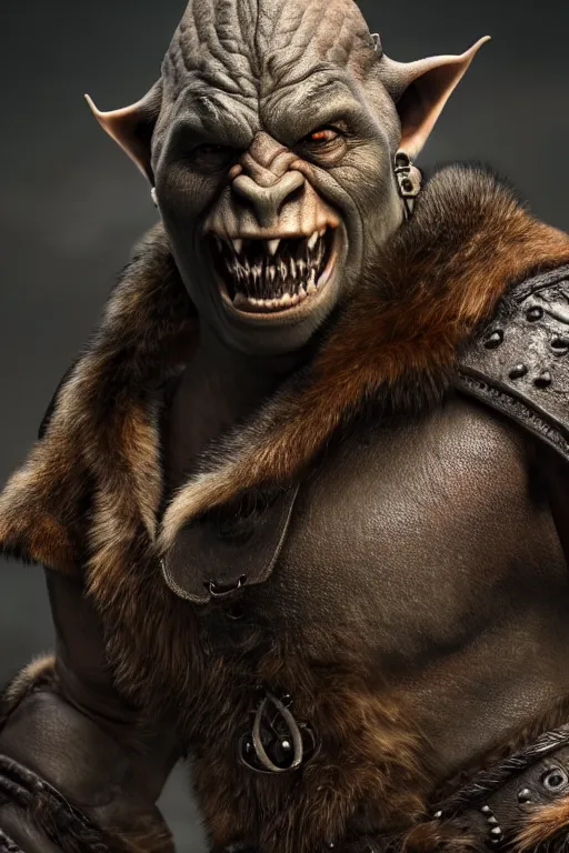 Image similar to A full body shot of a handsome orc looking into the camera wearing a leather fur jacket and leather boots, full body shot, detailed face, orc, portrait, artstation, realistic, highly detailed, symmetrical, D&D, Dungeons & Dragons, hyper realistic, dynamic pose, high detail, octane render, unreal engine, 8k, fantasy art, highly detailed, dramatic lighting, concept art