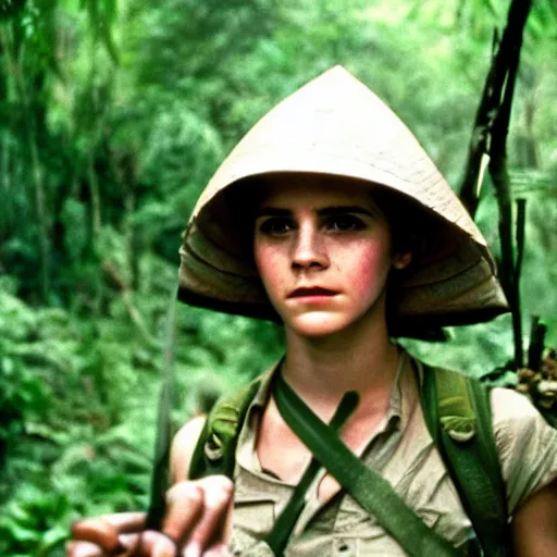 Image similar to film still, portrait, emma watson soldier hiking through dense vietnam jungle, award winning, award winning, award winning, film still from apocalypse now ( 1 9 7 9 ), 2 6 mm, kodak ektachrome, blue tint ektachrome film,