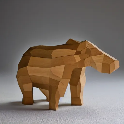 Image similar to a minimalist curvy shaped sculpture of hippopotamus!, ( ( wood ) ) and ( ( blue epoxy ) ) on top mix, cubic blocks stripes cuts, side view profile centered, studio, design, object, reddit