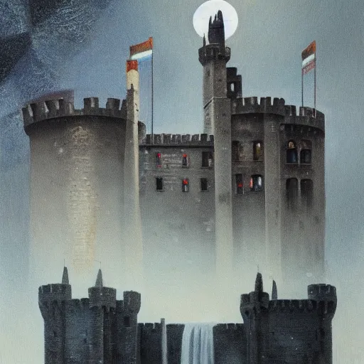 Prompt: a painting of a dreadful white moon over a castle with a waterfall in front of it. digital painting, vertical, intricate, beautiful, detailed, grunge, sharp focus, abstract art by el lissitzky and artgerm and kandinsky and kuvshinv, trending on artstation. gradient darker to bottom