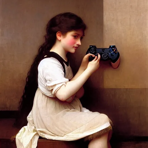 Prompt: Painting of young girl. Playing Xbox. Art by William Adolphe Bouguereau. Extremely detailed. 4K. Award winning.