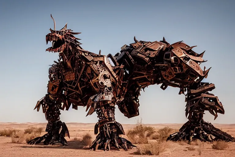 Image similar to a gigantic angry monster made of scrap metal with red eyes, standing in the desert, looking at camera, realism, photo realistic, high quality,