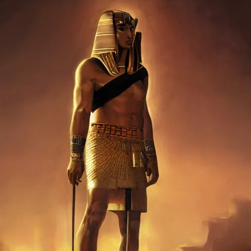 Prompt: a dramatic epic ethereal portrait of an ancient Egyptian soldier, full body with dynamic pose, male, detailed face, cinematic lighting, highly detailed oil on canvas painting by Greg Rutkowski, winning-award digital art trending on Artstation H 1024 W 832