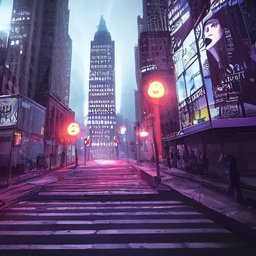 Image similar to ghost of New York, NYC sidewalk, city lights, spooky Halloween fun, trending on artstation, 8k, 4k, volumetric lighting, unity