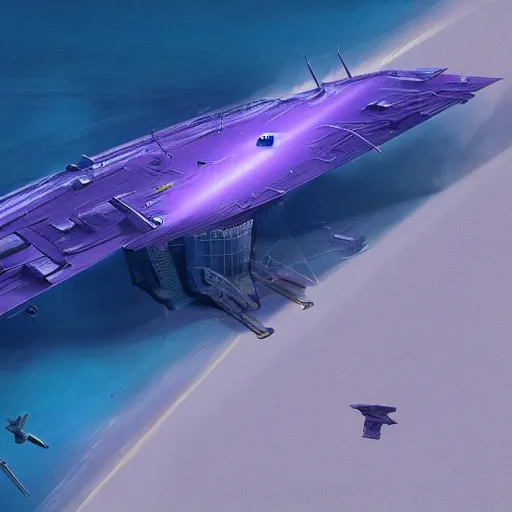 Prompt: a digital art of purpleish ocean from above, with a flying hightech laboratory above it, retro sci - fi, stanislav lem solaris, detailed, in the style of greg rutkowski