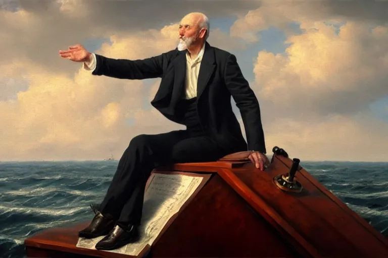 Prompt: ( ( a beautiful 8 k photorealistic masterpiece oil painting ) ( of ( a man lecturing on navigation while the ship is sinking ) ) ( hyperrealism ) ( 1 6 k ) ( trending on artstation )