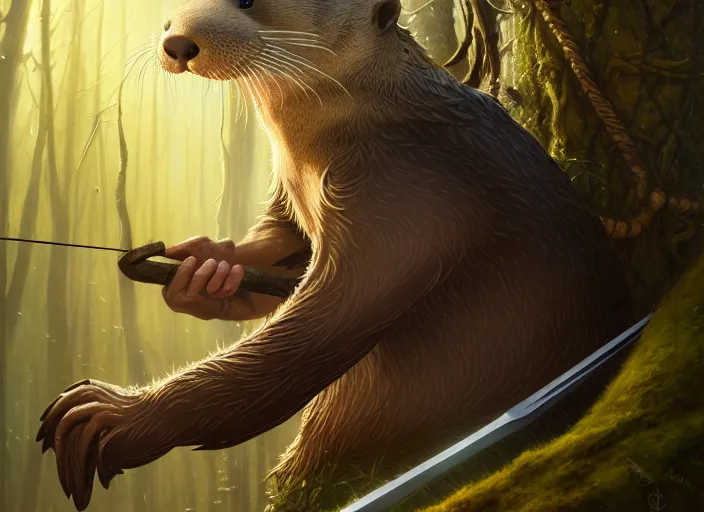Prompt: a film still portrait of an otter elven archer, finely detailed features, cinematic lighting, perfect art, redwall woodland, forest, intricate, anime, gapmoe grimdark, artstation, trending on pixiv fanbox, painted by brian jacques greg rutkowski, studio ghibli, 4 k