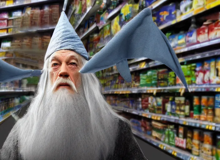 Image similar to digital art of Gandalf wearing wizard hat, stacking supermarket shelves, depressing, sad