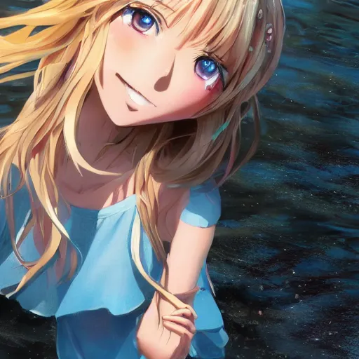 Image similar to a very beautiful anime girl, full body, long wavy blond hair, sky blue eyes, full round face, short smile, cute top, short jeans, summer lake setting, cinematic lightning, medium shot, mid-shot, highly detailed, trending on Artstation, Unreal Engine 4k, cinematic wallpaper by Stanley Artgerm Lau, WLOP, Rossdraws, James Jean, Andrei Riabovitchev, Marc Simonetti, and Sakimichan